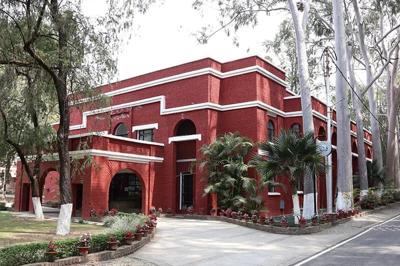 Red-brick Kilachand Library framed by trees